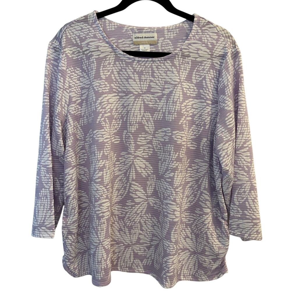 Alfred Dunner Lavender White Leaf Print 3/4 Sleeve Top Blouse Cottagecore 1X